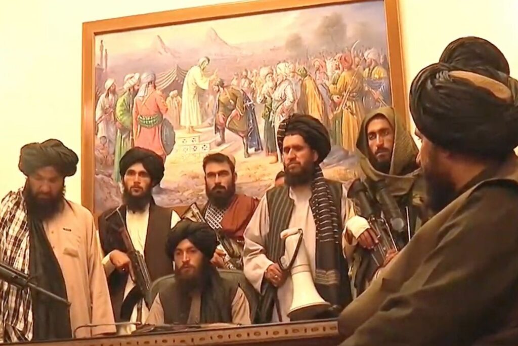 Taliban Mujahedeen in a press conference at the presidential palace