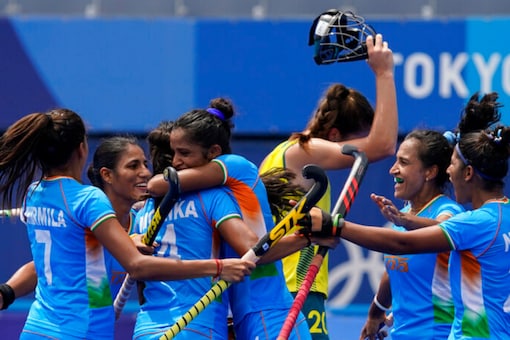 Indian women's hockey team celebrating after win against Australia