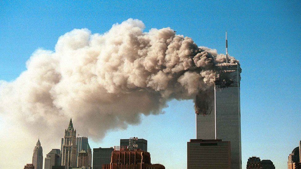The World Trade Centre buildings after hijacked planes crashed into them; 9/11 attacks