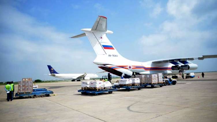 Russian aid carrying groceries for flood effectees reached Karachi